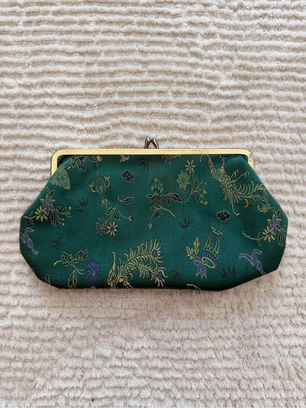 Vintage Emerald Green Asian Brocade Kiss Lock Clutch Purse
